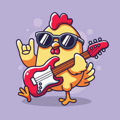 Cute cartoon chicken  with electric guitar. Vector illustration.