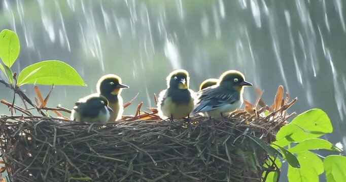 An intimate shot of a bird perched in its nest, feeding its chicks as small droplets of rain fall softly around them, creating