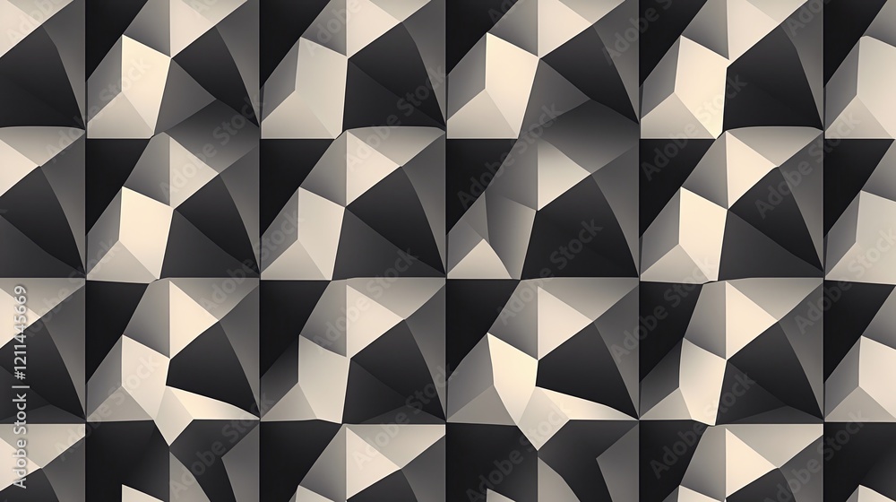 Poster a minimalist black-and-white geometric pattern with a three-dimensional optical illusion effect.