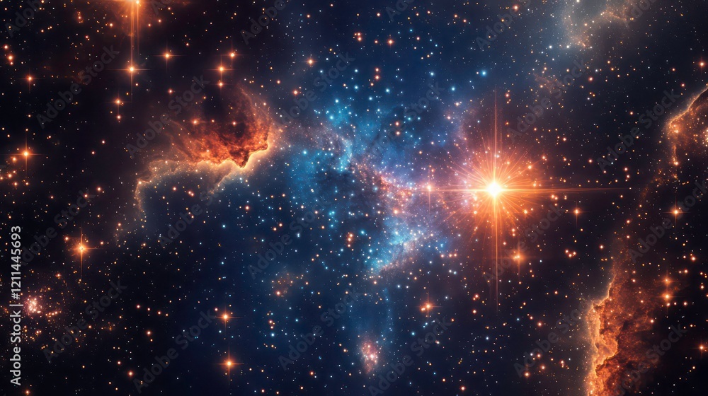 Poster vibrant nebula with bright stars and cosmic dust clouds in deep space.