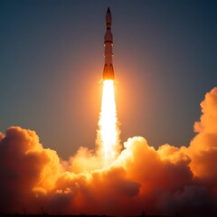 Rocket Launch at Dawn: A majestic rocket ascends into the twilight sky, its fiery trail illuminating the clouds below. A breathtaking moment capturing the power and wonder of space exploration. 