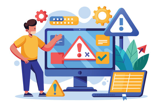 A person is addressing errors and warnings on a computer interface while discussing solutions fixing errors and warnings on websites and digital computer diagnostics