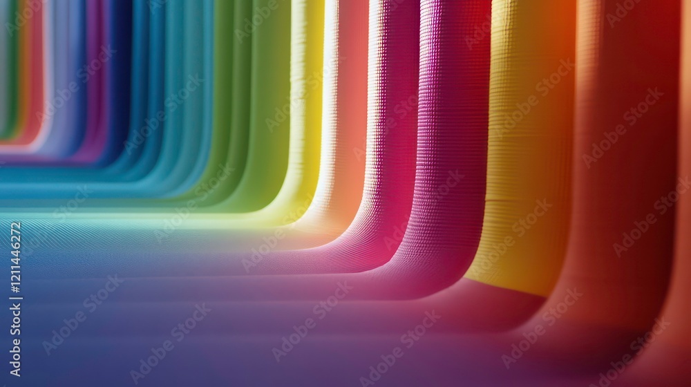 Poster colorful, curved lines in a rainbow spectrum, creating an abstract background.