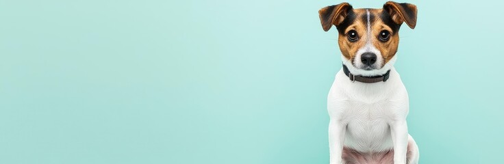 Pet health concept. A cute dog sitting on a scale against a pastel background, showcasing pet weight management.