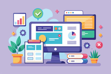 Colorful design of a computer screen showcasing a web page with digital graphics and office supplies around Flat Illustration of computer web site page