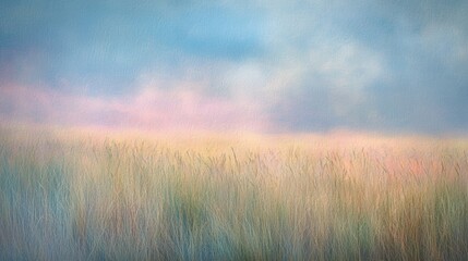 Golden morning light in a misty pastel meadow