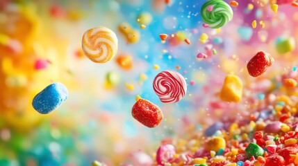 Colorful candies and sweets falling on a vibrant background.
