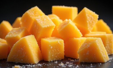 Fresh yellow mango cubes on a black surface
