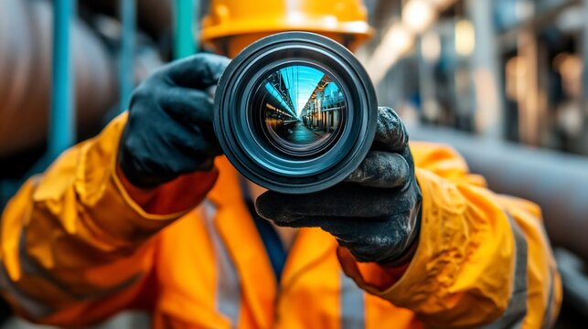 Industrial inspector examining pipes via lens in factory - Powered by Adobe