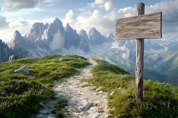 Empty Wooden Signpost on Mountain Path Points to Adventure