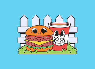 Adorable hamburger and drink characters smiling together by a fence cartoon vector hand drawn illustration for fast food element design