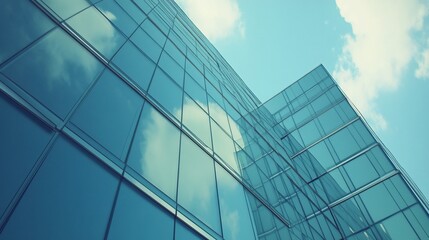 Obraz premium Modern glass skyscraper reflecting clouds, city background, corporate success