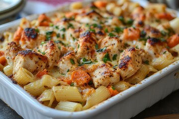 Cajun Chicken Rigatoni Baked to Perfection With Creamy Sauce and Tender Chicken. Generative AI