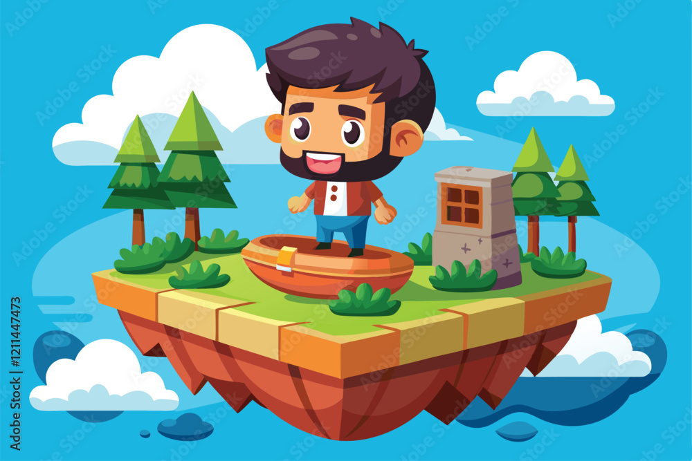 Poster a young man smiles while standing on a vibrant island with trees and clouds around him floating cust