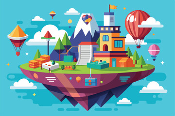 Naklejka premium A colorful floating island features unique structures, trees, and air balloons against a bright blue sky Floating Customizable Disproportionate Illustration
