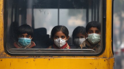 Masked children ride school bus in smog