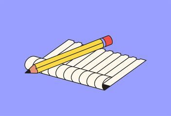 Pencil resting on a sheet of lined paper, designed in a clean cartoon style, ideal for educational or stationery themes