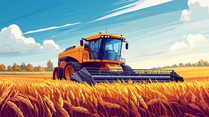 Obraz premium Combine harvester harvesting wheat field, sunny day, agriculture