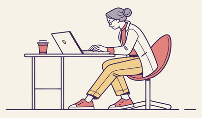 Sitting in front of the computer and working, working from home, office workers, line illustration characters