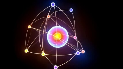 Atomic structure: video electrons orbiting nucleus, their energy levels and motion within the electron shell, dynamic interplay of protons, neutrons, and electrons. 