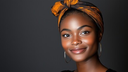 Portret młodej kobiety w turbanie i kolczykach na ciemnym tle, promienna i naturalna uroda.