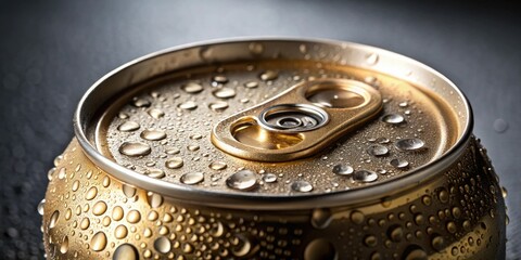 A close-up of a beer can with condensation on the outside surface, brown color, beer can