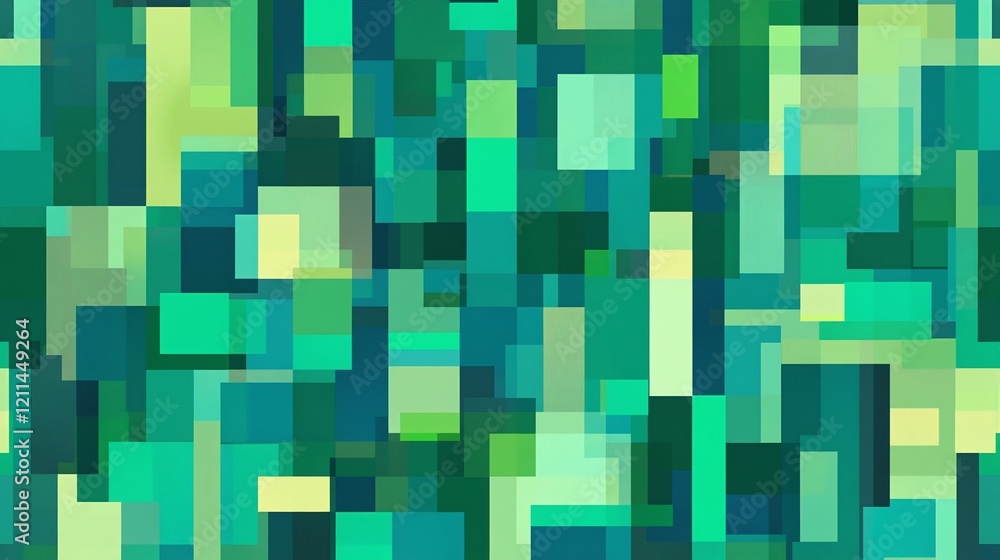 Poster a seamless abstract pattern of overlapping rectangles in shades of green and teal.