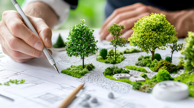 landscape architect designing miniature garden model with trees and plants. detailed plan showcases creativity and nature beauty