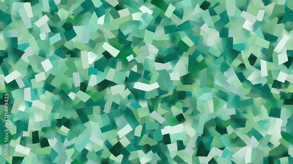 Poster a seamless abstract pattern of overlapping rectangles in shades of green and teal.