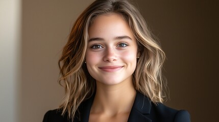 Portret młodej kobiety z jasnobrązowymi włosami na neutralnym tle, subtelny uśmiech, elegancki i naturalny styl.