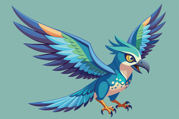 Fototapeta premium A bright blue bird flies gracefully with its wide wings spread against a simple backdrop Flying bird Customizable Disproportionate Illustration