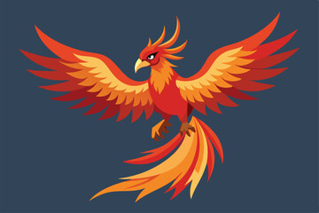 Obraz premium A striking phoenix takes flight, its vivid feathers glowing as the sun sets in the background Flying phoenix Customizable Semi Flat Illustration