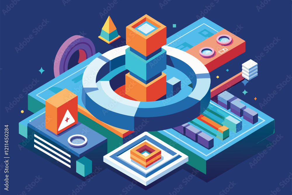 Aufkleber a colorful isometric design displays various geometric shapes and interactive components in a gaming