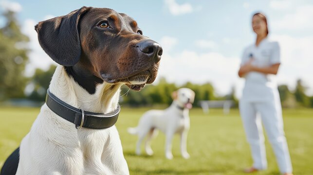 Pet health concept. A focused dog in a park with a person in the background enjoying outdoor activities.