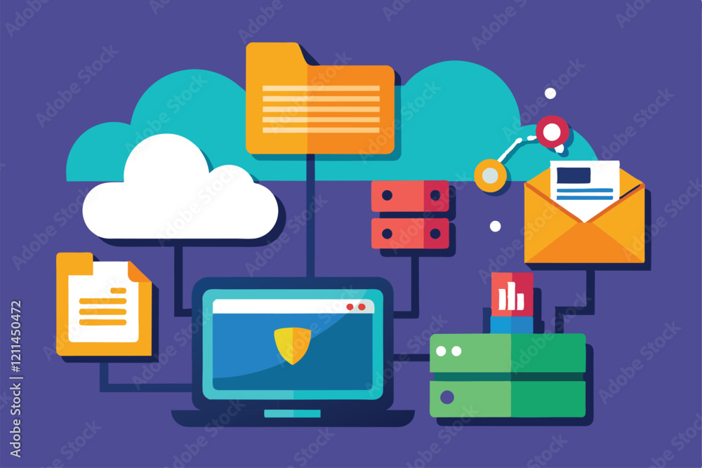 Poster illustration depicting computer and cloud storage icons with folders, files, and communication eleme