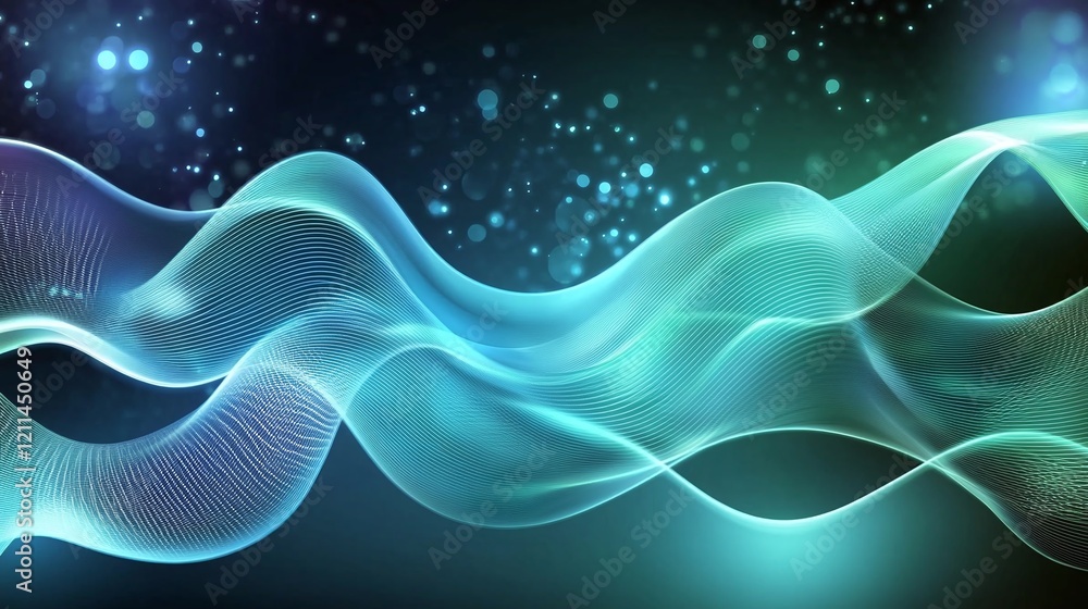 Poster a sleek dark gray background with abstract glowing lines in shades of blue and green creating a mode