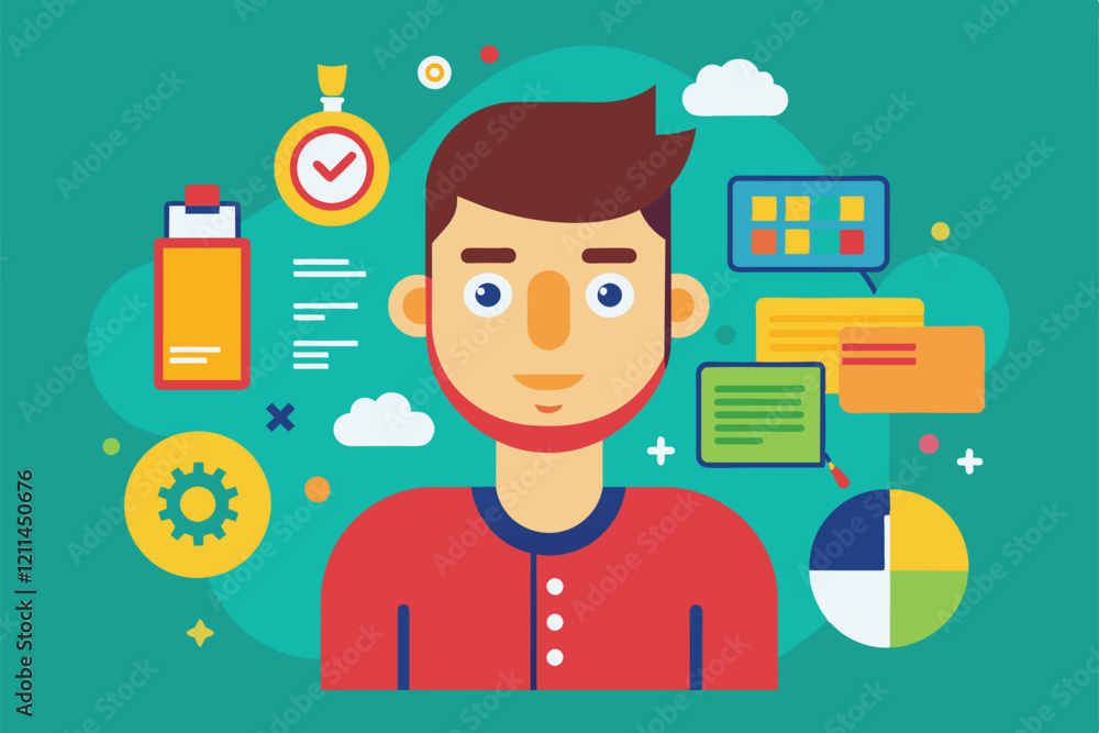 Poster a young man appears with icons illustrating time and productivity concepts around him following cust
