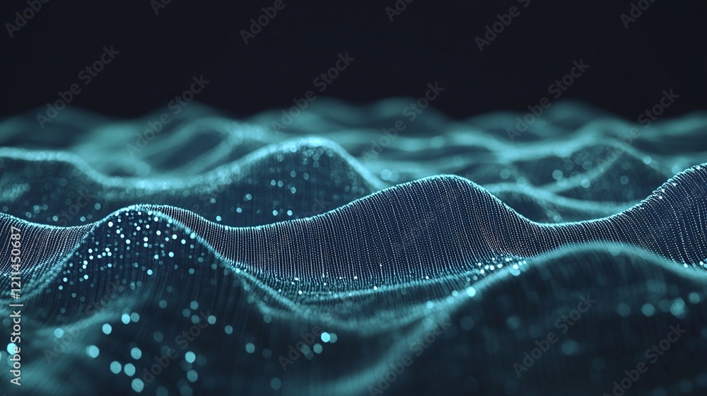Poster a sleek dark gray background with abstract glowing lines in shades of blue and green creating a mode
