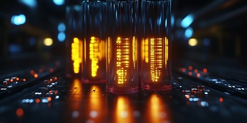Glowing tubes display digital code.