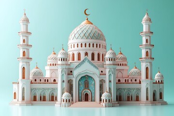 Obraz premium 3d modern Islamic banner, suitable for Ramadan, Eid al Fitr, and Eid al Adha with mosque, lantern, crescent moon,
