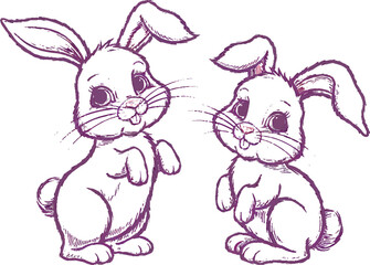 Naklejka premium Minimal Bunny Line Art: Cute Rabbit Sketch Vector in Various Poses