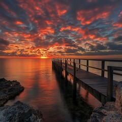 Obraz premium Fiery sunrise over ocean jetty, rocks, calm water