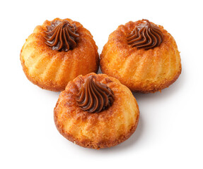 Sweet coconut dessert treats topped with chocolate frosting arranged beautifully on a white background