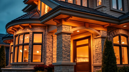 Obraz premium Luxury Home Exterior at Night: Modern Stone Architecture, Warm Lighting, and Inviting Entrance