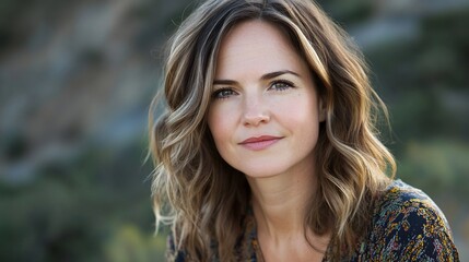 Naklejka premium Woman smiling, outdoor portrait, desert background, website headshot