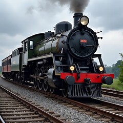 Fototapeta premium Vintage Steam Train Journey: A classic steam locomotive with passenger cars chugs along railway tracks under a cloudy sky, evoking a sense of nostalgic travel and adventure. 
