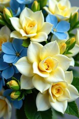 Fototapeta premium Soft yellow petals surround delicate blue blooms in a lush floral arrangement, gardenia, bouquet, yellow