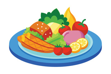 A plate filled with a burger, vegetables, fruits, and a side of ice cream, displayed on white food on plate. isolated white background