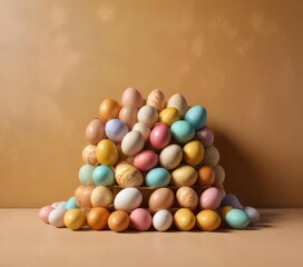 Obraz premium A colorful arrangement of Easter eggs against a warm golden brown background, egg arrangement, golden eggs, earthy colors