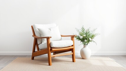 Cozy Wooden Chair, Minimalist Room, Textured Rug, Greenery